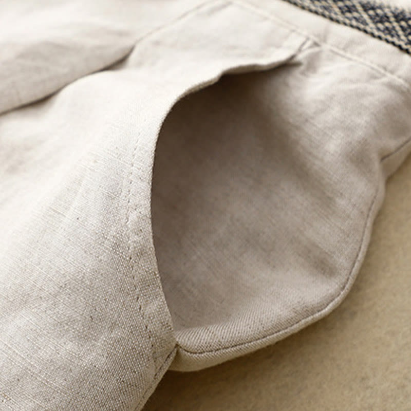 Solid Color Front Button Back Elastic Cotton Linen Women's Pants With Pockets