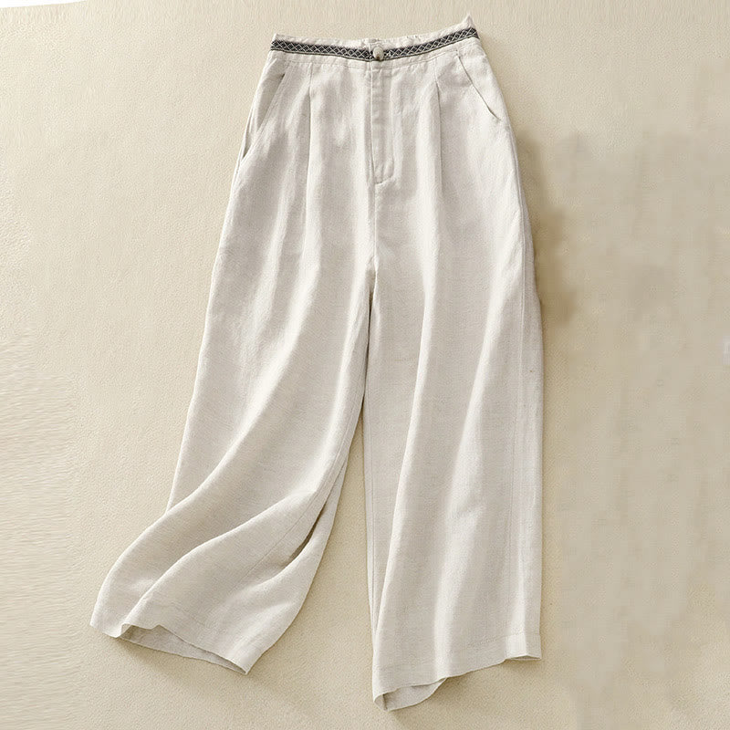 Solid Color Front Button Back Elastic Cotton Linen Women's Pants With Pockets
