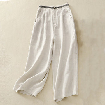 Solid Color Front Button Back Elastic Cotton Linen Women's Pants With Pockets