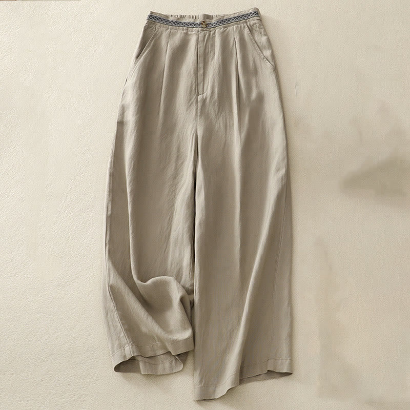 Solid Color Front Button Back Elastic Cotton Linen Women's Pants With Pockets