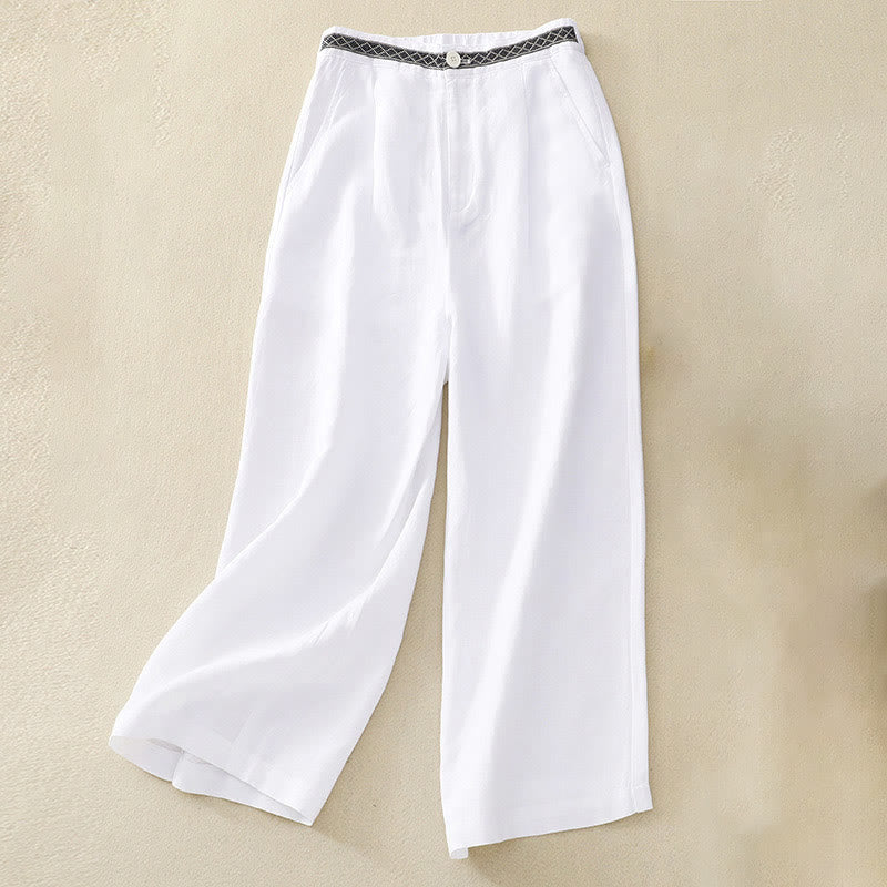 Solid Color Front Button Back Elastic Cotton Linen Women's Pants With Pockets