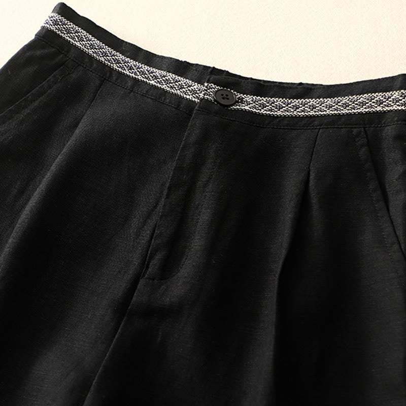 Solid Color Front Button Back Elastic Cotton Linen Women's Pants With Pockets
