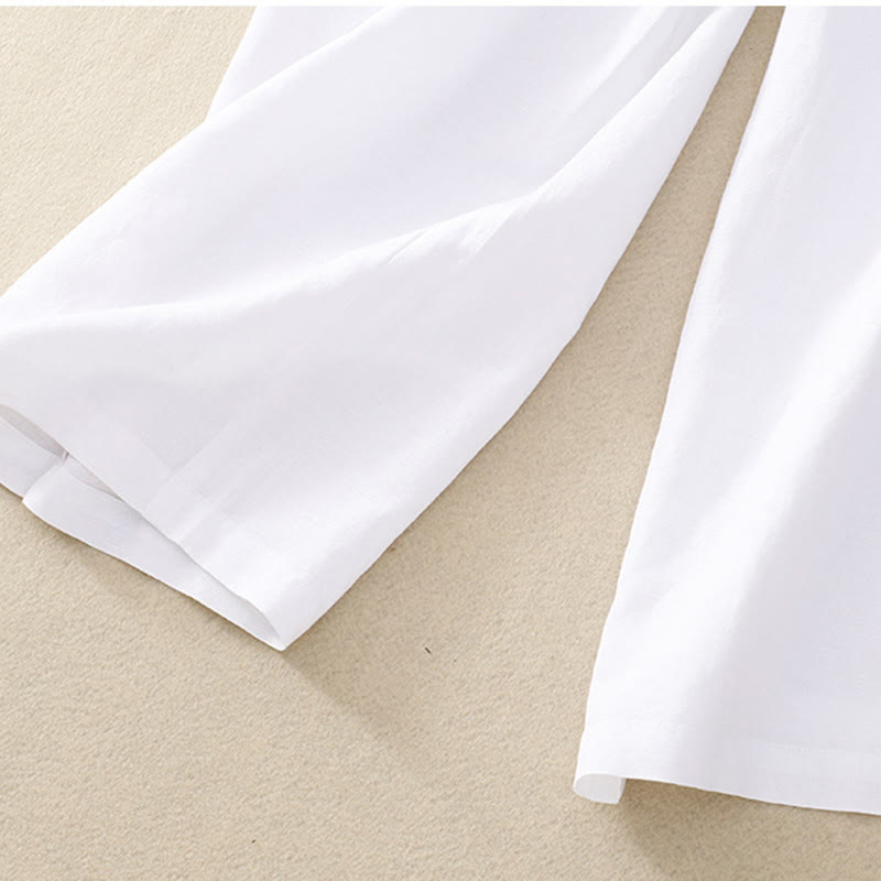 Solid Color Front Button Back Elastic Cotton Linen Women's Pants With Pockets