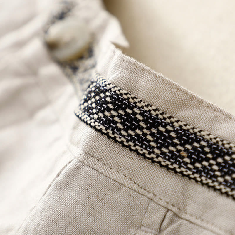 Solid Color Front Button Back Elastic Cotton Linen Women's Pants With Pockets