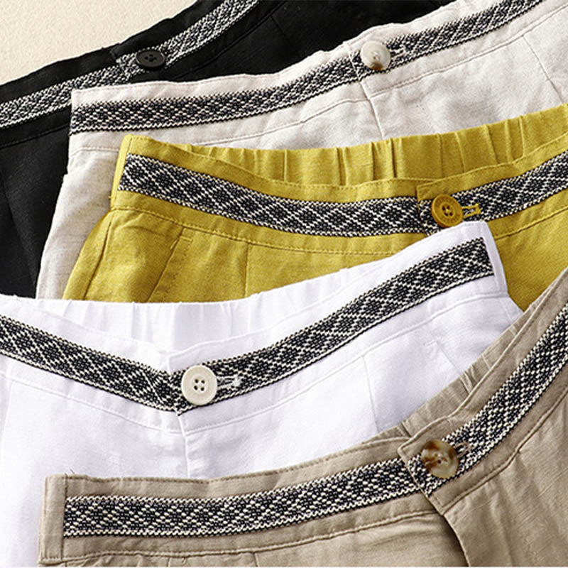 Solid Color Front Button Back Elastic Cotton Linen Women's Pants With Pockets