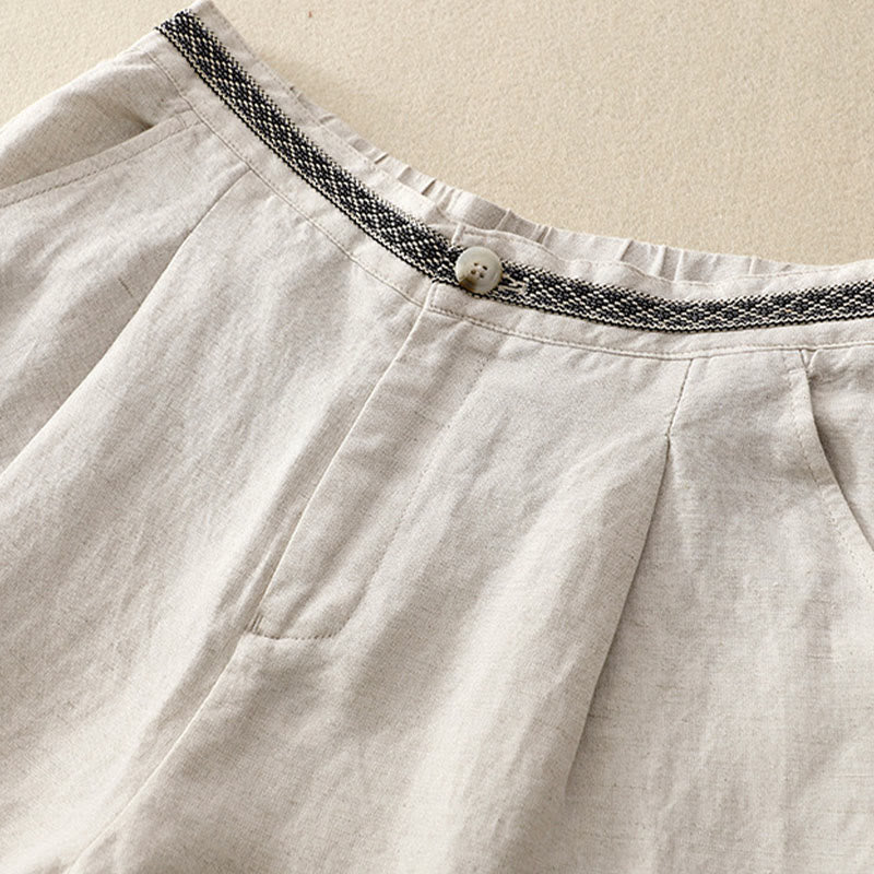 Solid Color Front Button Back Elastic Cotton Linen Women's Pants With Pockets