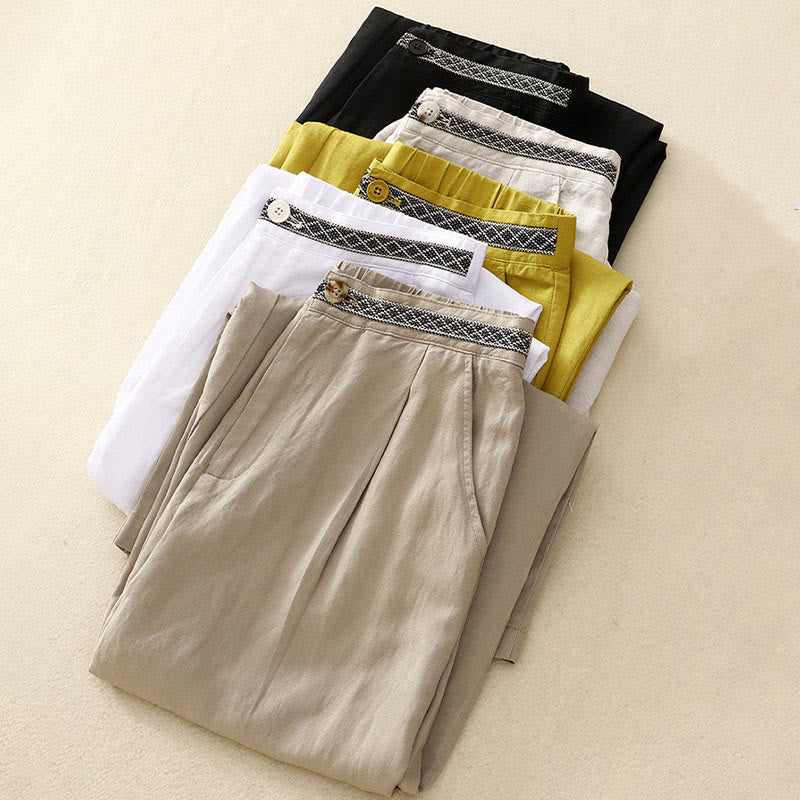 Solid Color Front Button Back Elastic Cotton Linen Women's Pants With Pockets
