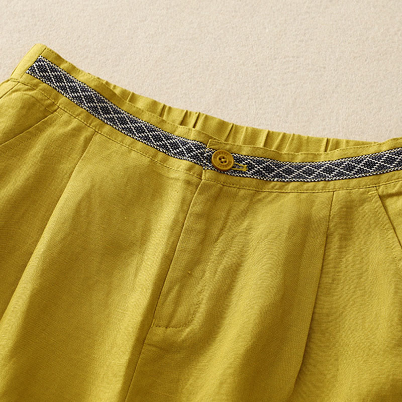 Solid Color Front Button Back Elastic Cotton Linen Women's Pants With Pockets