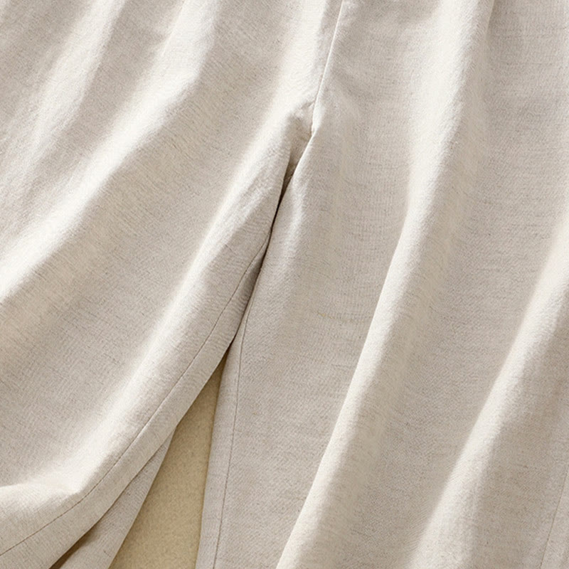 Solid Color Front Button Back Elastic Cotton Linen Women's Pants With Pockets