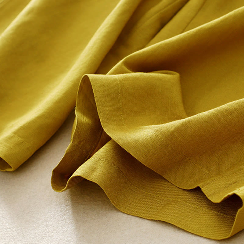 Solid Color Front Button Back Elastic Cotton Linen Women's Pants With Pockets