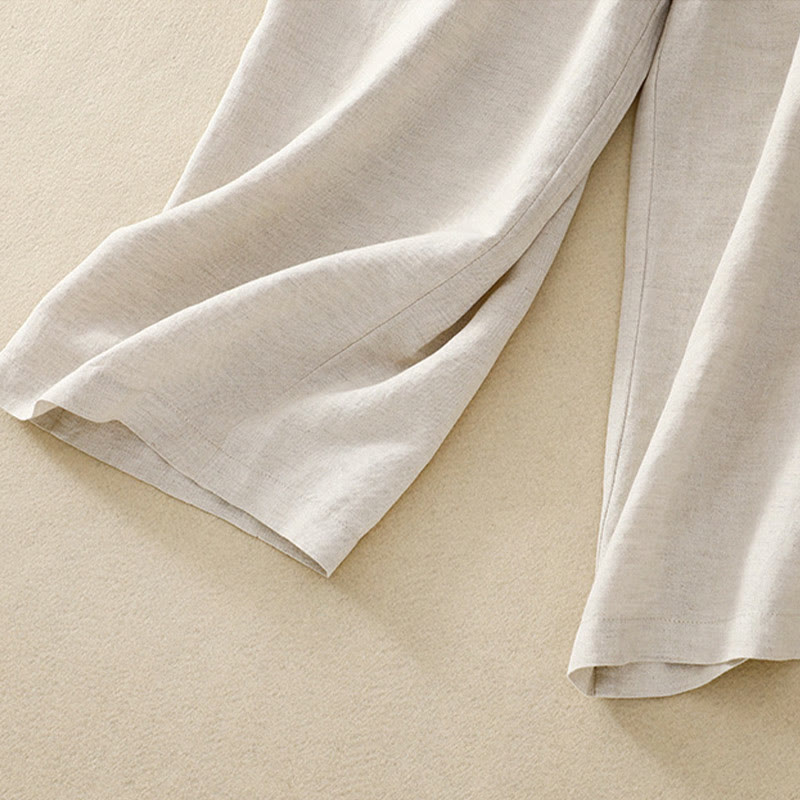 Solid Color Front Button Back Elastic Cotton Linen Women's Pants With Pockets