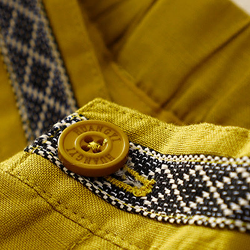 Solid Color Front Button Back Elastic Cotton Linen Women's Pants With Pockets