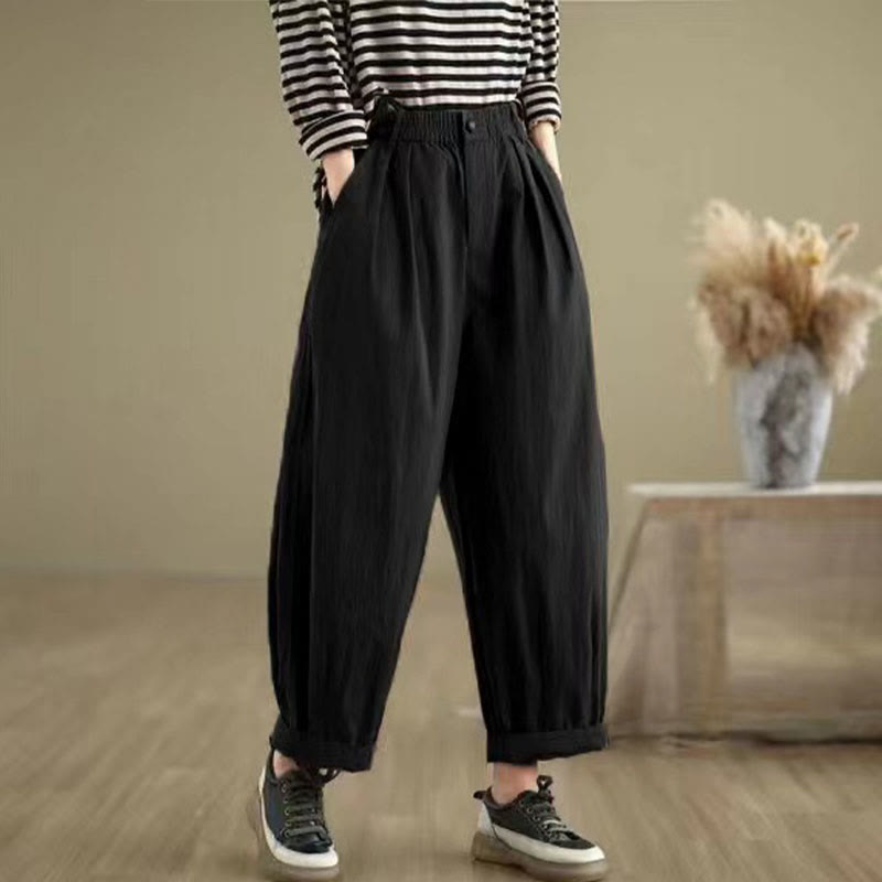 Casual Solid Color One Top Button Elastic Waistband Cotton Linen Women's Pants With Pockets