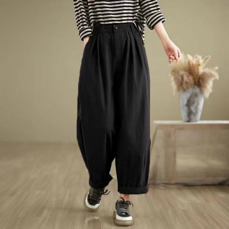 Casual Solid Color One Top Button Elastic Waistband Cotton Linen Women's Pants With Pockets