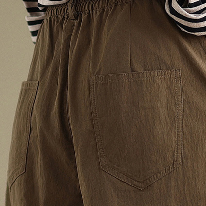 Casual Solid Color One Top Button Elastic Waistband Cotton Linen Women's Pants With Pockets