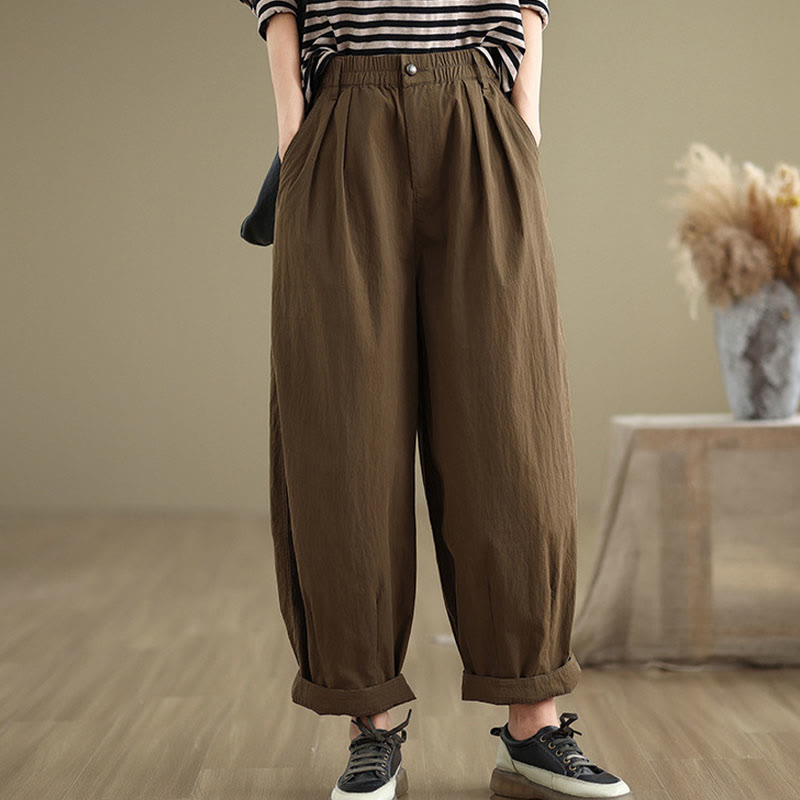 Casual Solid Color One Top Button Elastic Waistband Cotton Linen Women's Pants With Pockets