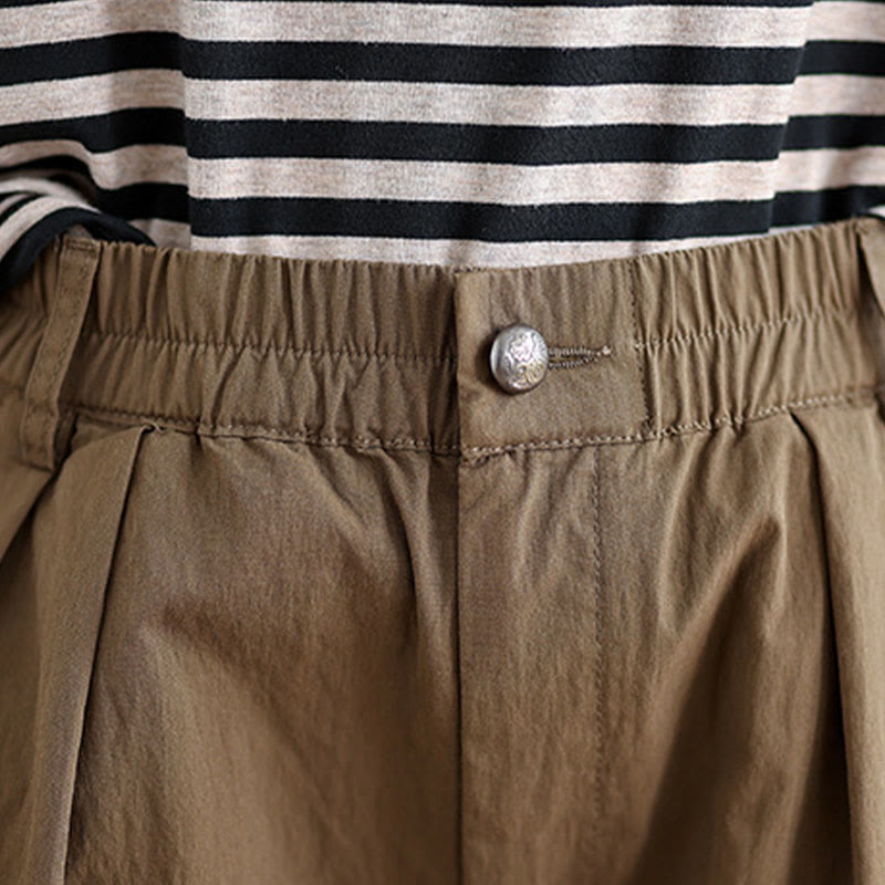 Casual Solid Color One Top Button Elastic Waistband Cotton Linen Women's Pants With Pockets