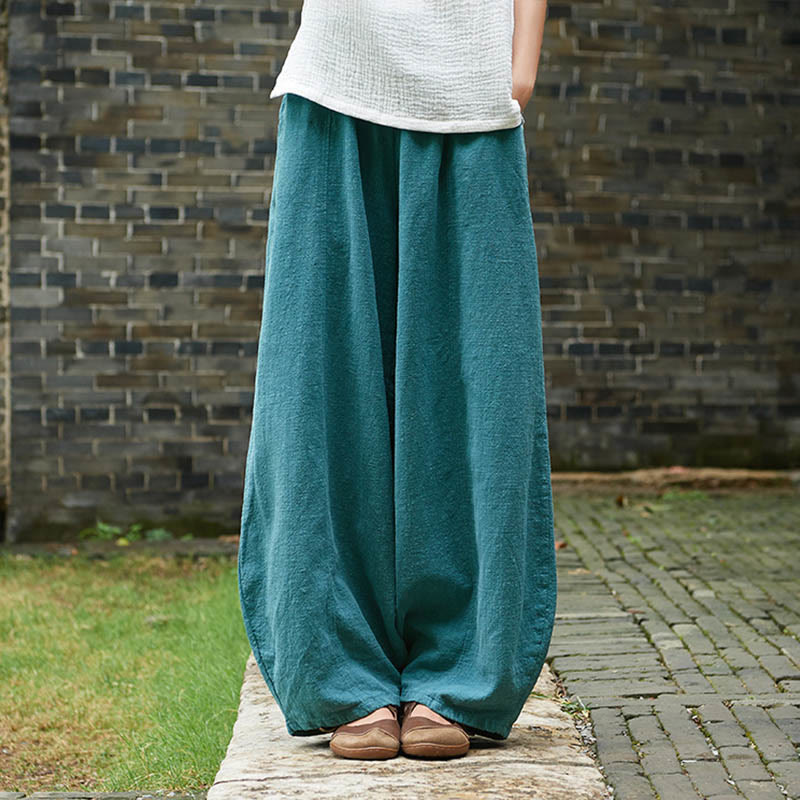 Casual Plain Color Elastic Waistband Fleece Lined Cotton Ramie Women's Pants With Pockets
