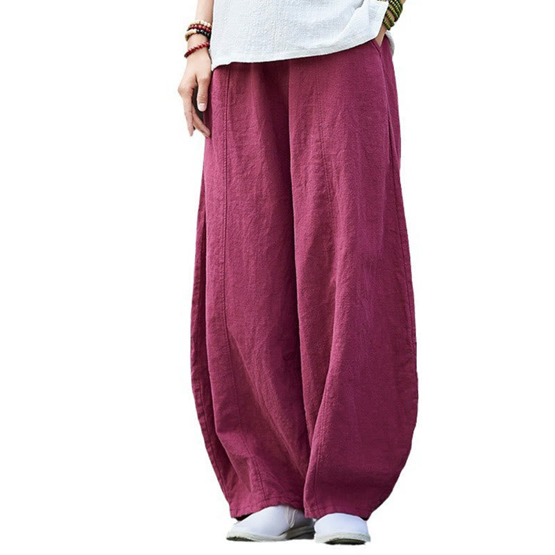 Casual Plain Color Elastic Waistband Fleece Lined Cotton Ramie Women's Pants With Pockets