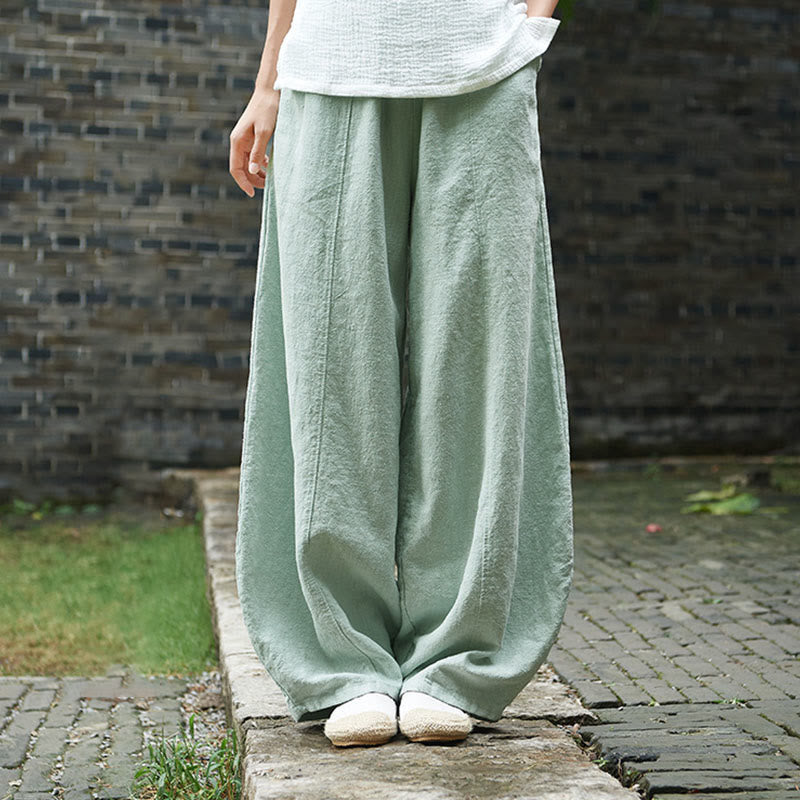 Casual Plain Color Elastic Waistband Fleece Lined Cotton Ramie Women's Pants With Pockets