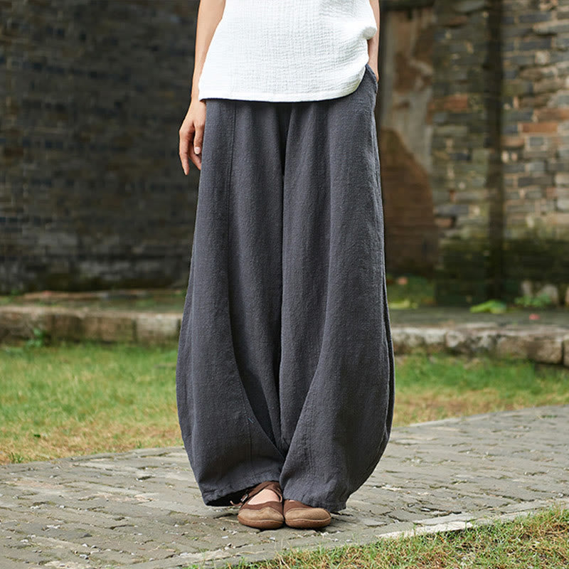 Casual Plain Color Elastic Waistband Fleece Lined Cotton Ramie Women's Pants With Pockets