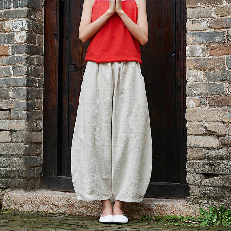 Casual Plain Color Elastic Waistband Fleece Lined Cotton Ramie Women's Pants With Pockets