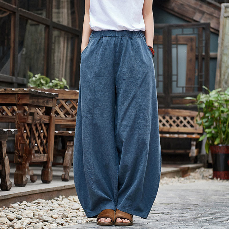 Casual Plain Color Elastic Waistband Fleece Lined Cotton Ramie Women's Pants With Pockets