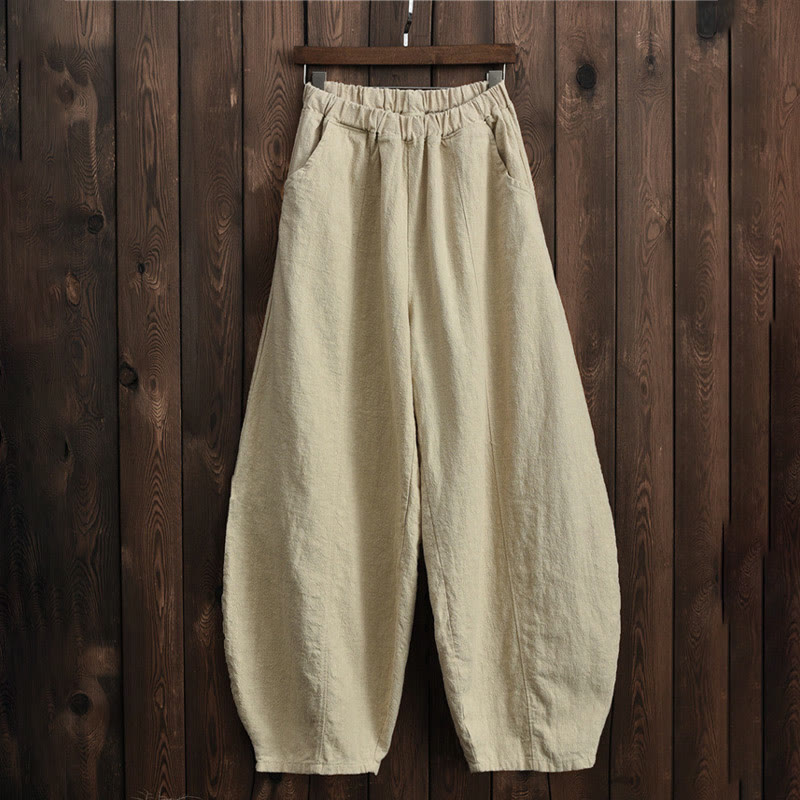 Casual Plain Color Elastic Waistband Fleece Lined Cotton Ramie Women's Pants With Pockets