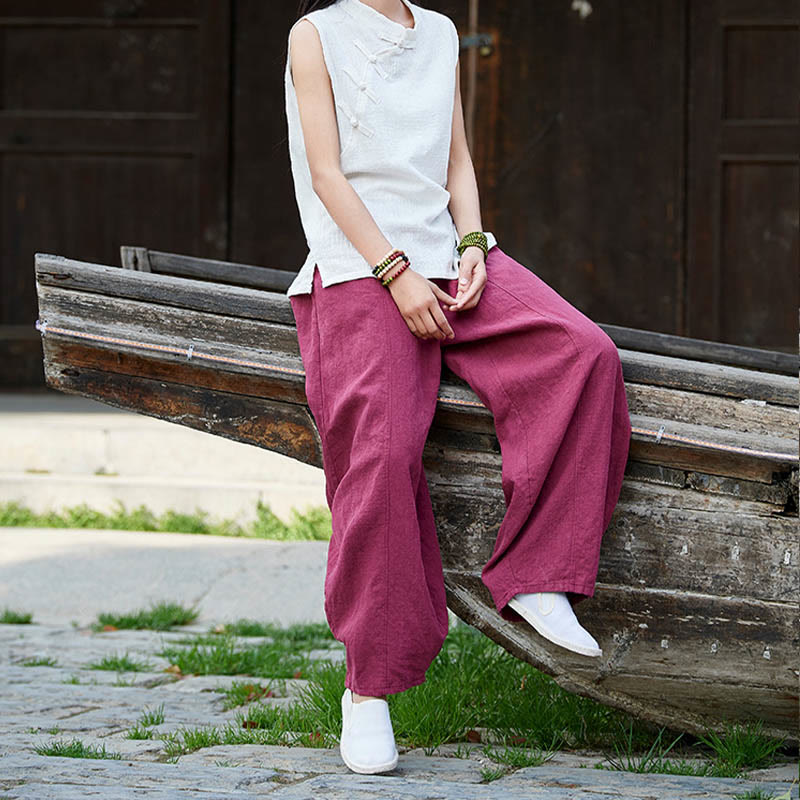 Casual Plain Color Elastic Waistband Fleece Lined Cotton Ramie Women's Pants With Pockets