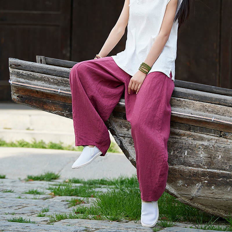 Casual Plain Color Elastic Waistband Fleece Lined Cotton Ramie Women's Pants With Pockets