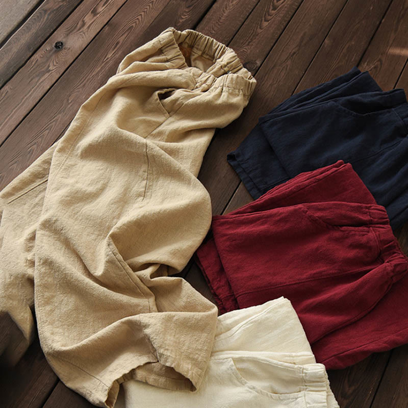 Casual Plain Color Elastic Waistband Fleece Lined Cotton Ramie Women's Pants With Pockets
