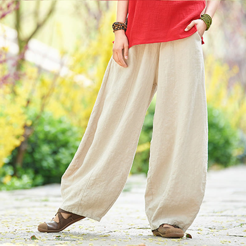 Casual Plain Color Elastic Waistband Fleece Lined Cotton Ramie Women's Pants With Pockets