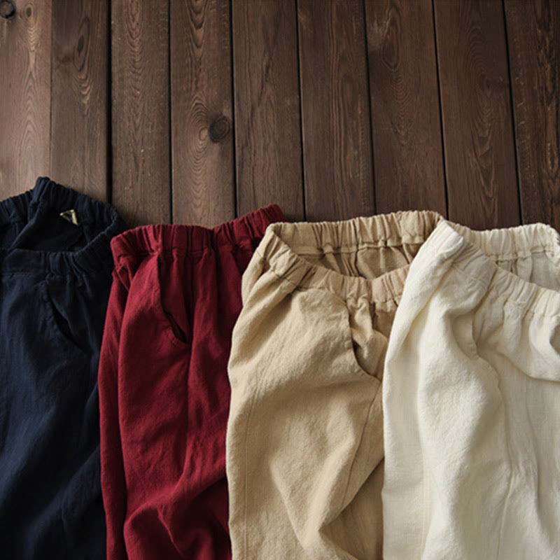 Casual Plain Color Elastic Waistband Fleece Lined Cotton Ramie Women's Pants With Pockets