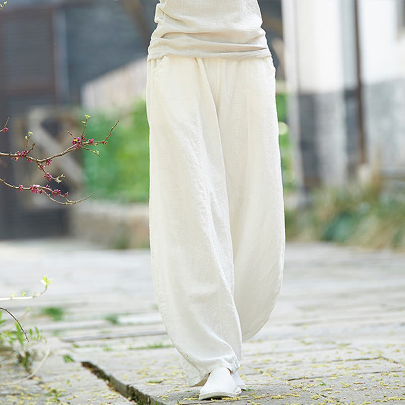 Casual Plain Color Elastic Waistband Fleece Lined Cotton Ramie Women's Pants With Pockets