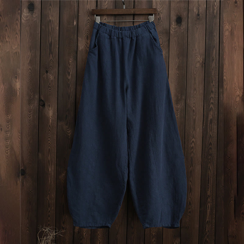 Casual Plain Color Elastic Waistband Fleece Lined Cotton Ramie Women's Pants With Pockets