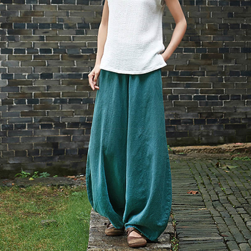 Casual Plain Color Elastic Waistband Fleece Lined Cotton Ramie Women's Pants With Pockets