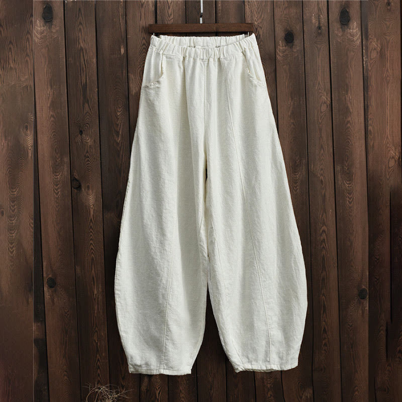 Casual Plain Color Elastic Waistband Fleece Lined Cotton Ramie Women's Pants With Pockets