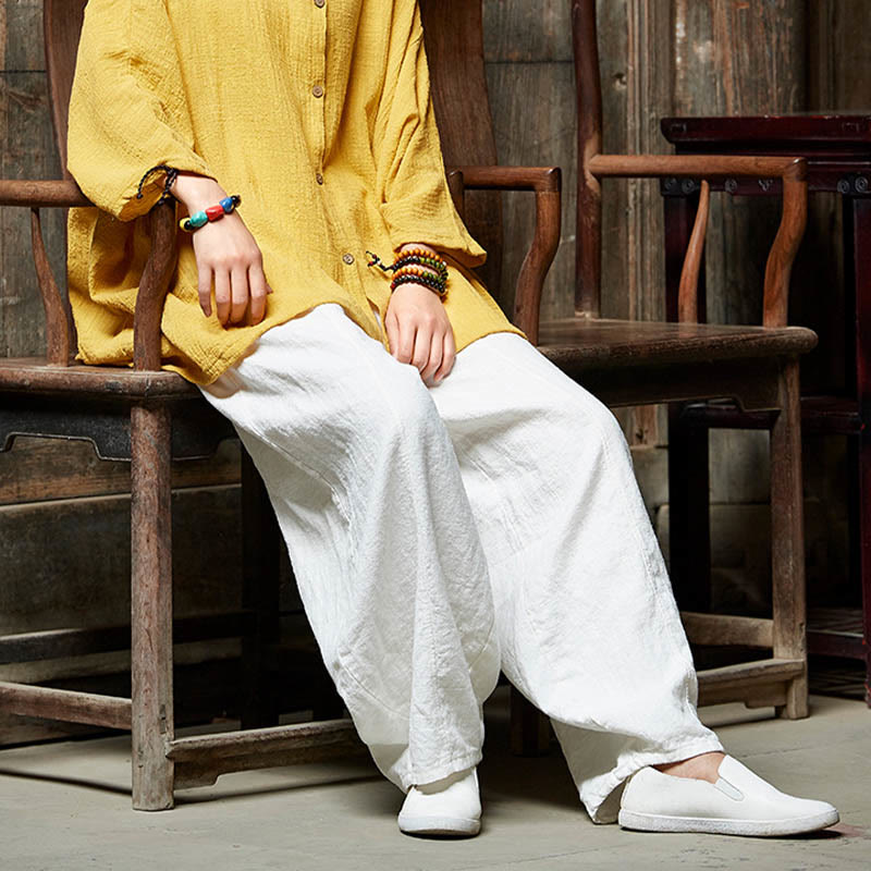 Casual Plain Color Elastic Waistband Fleece Lined Cotton Ramie Women's Pants With Pockets