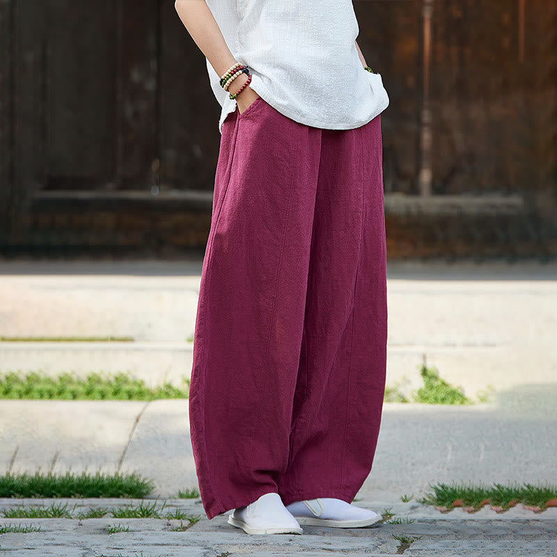 Casual Plain Color Elastic Waistband Fleece Lined Cotton Ramie Women's Pants With Pockets