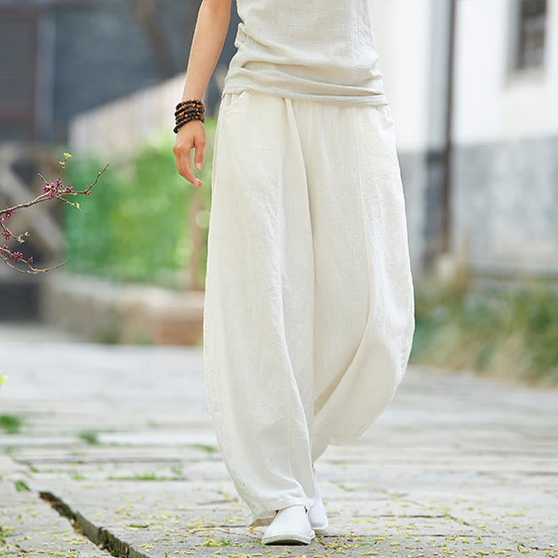 Casual Plain Color Elastic Waistband Fleece Lined Cotton Ramie Women's Pants With Pockets