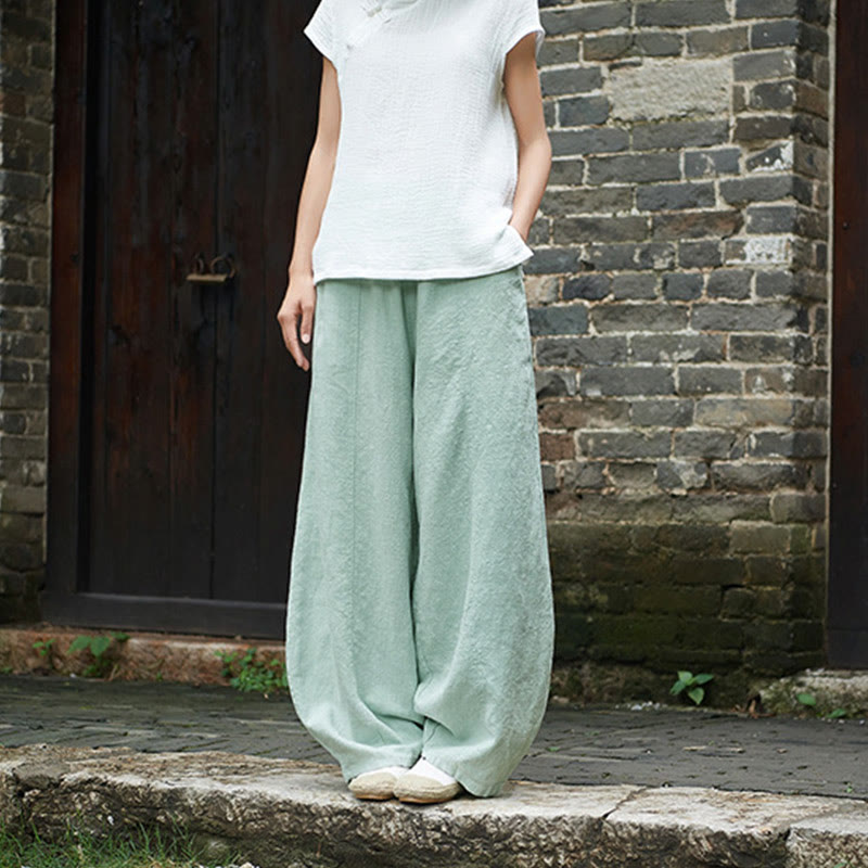Casual Plain Color Elastic Waistband Fleece Lined Cotton Ramie Women's Pants With Pockets
