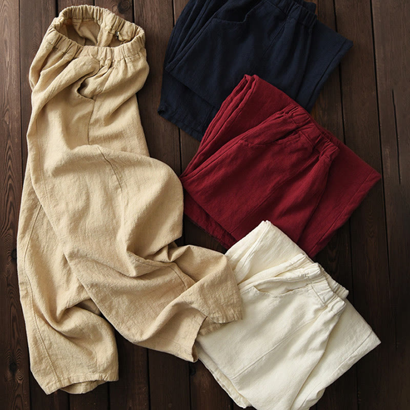 Casual Plain Color Elastic Waistband Fleece Lined Cotton Ramie Women's Pants With Pockets