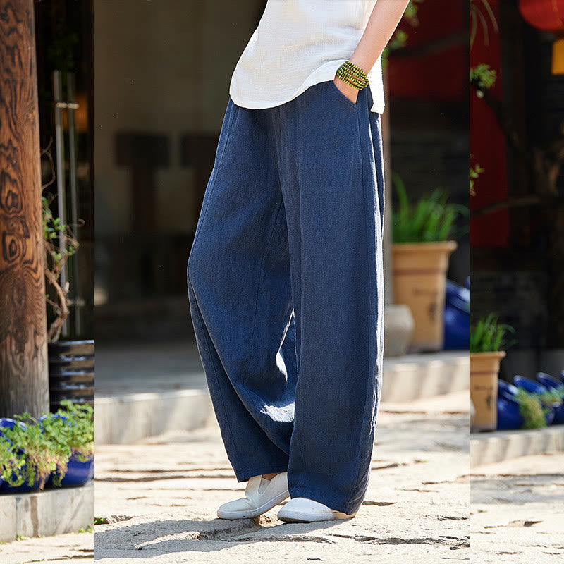 Casual Plain Color Elastic Waistband Fleece Lined Cotton Ramie Women's Pants With Pockets