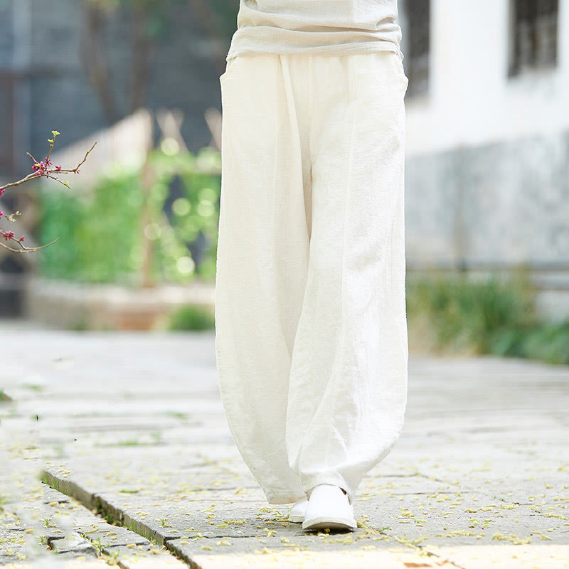 Casual Plain Color Elastic Waistband Fleece Lined Cotton Ramie Women's Pants With Pockets