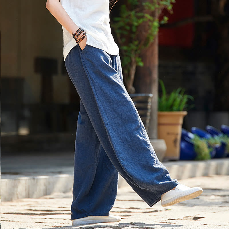 Casual Plain Color Elastic Waistband Fleece Lined Cotton Ramie Women's Pants With Pockets