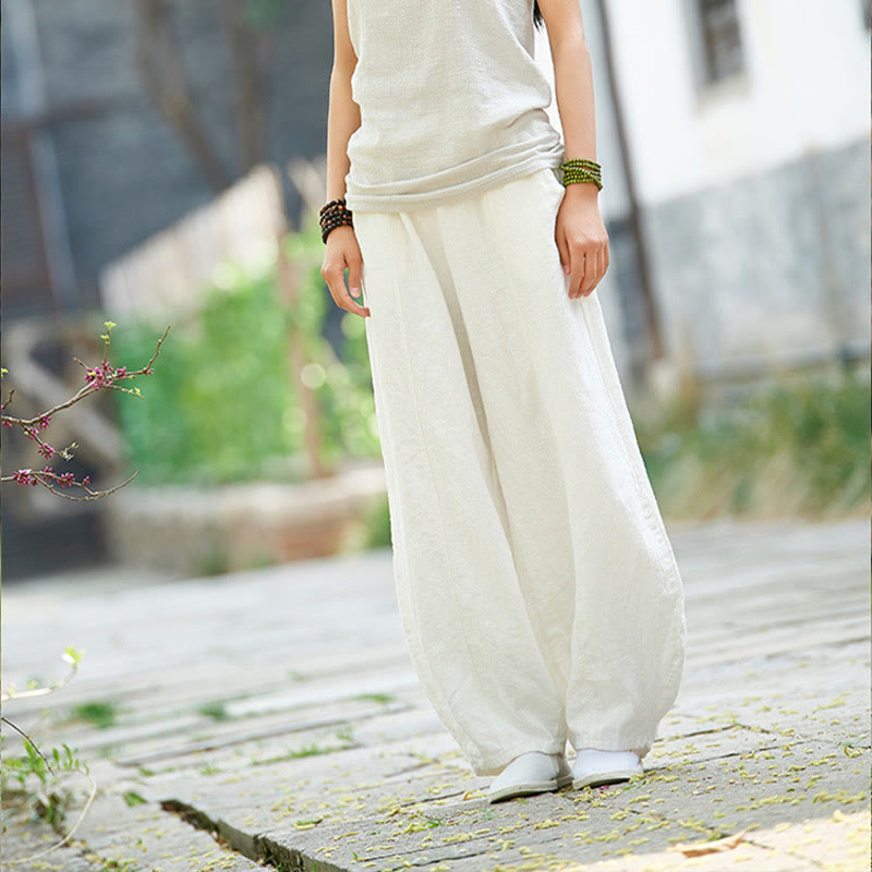 Casual Plain Color Elastic Waistband Fleece Lined Cotton Ramie Women's Pants With Pockets