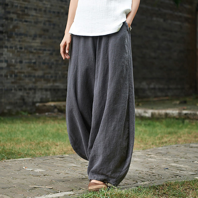 Casual Plain Color Elastic Waistband Fleece Lined Cotton Ramie Women's Pants With Pockets