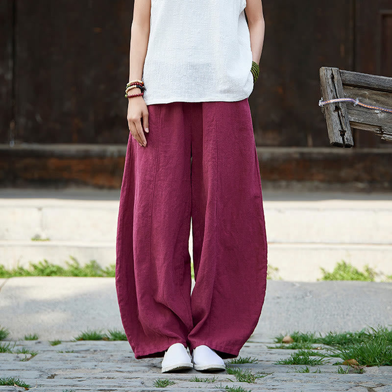 Casual Plain Color Elastic Waistband Fleece Lined Cotton Ramie Women's Pants With Pockets