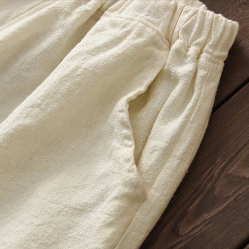 Casual Plain Color Elastic Waistband Fleece Lined Cotton Ramie Women's Pants With Pockets