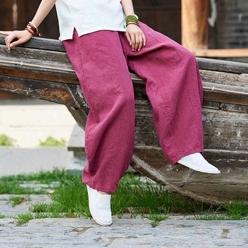 Casual Plain Color Elastic Waistband Fleece Lined Cotton Ramie Women's Pants With Pockets